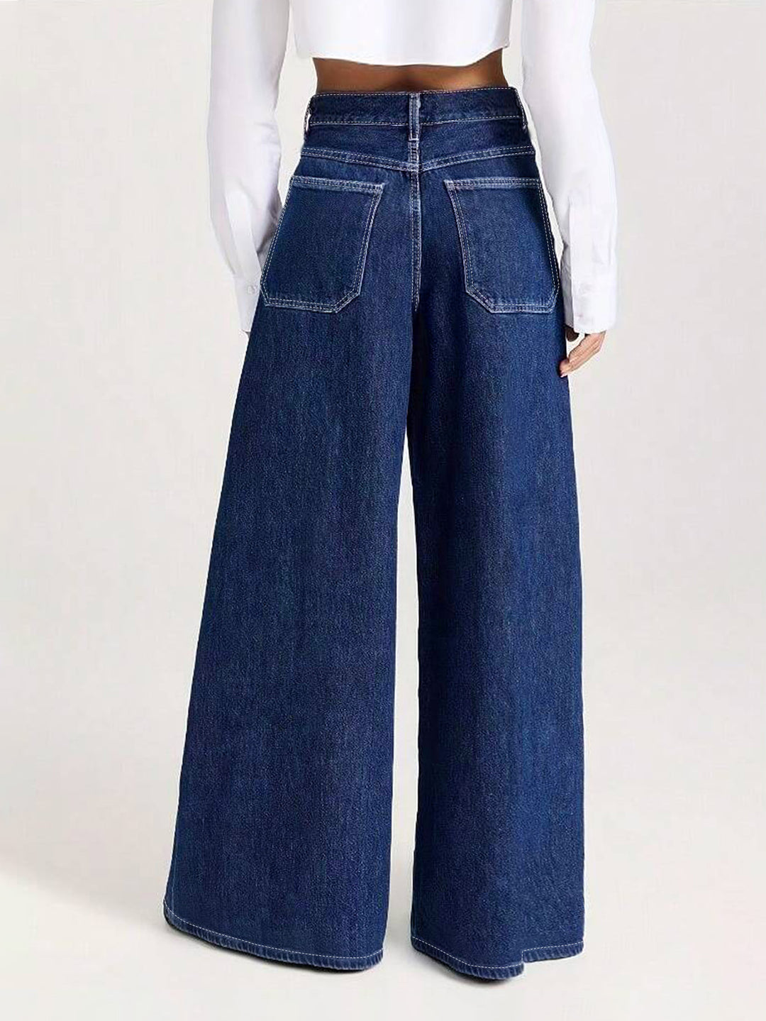 Navy Blue Wide Leg Denim With Pocket Embelishments