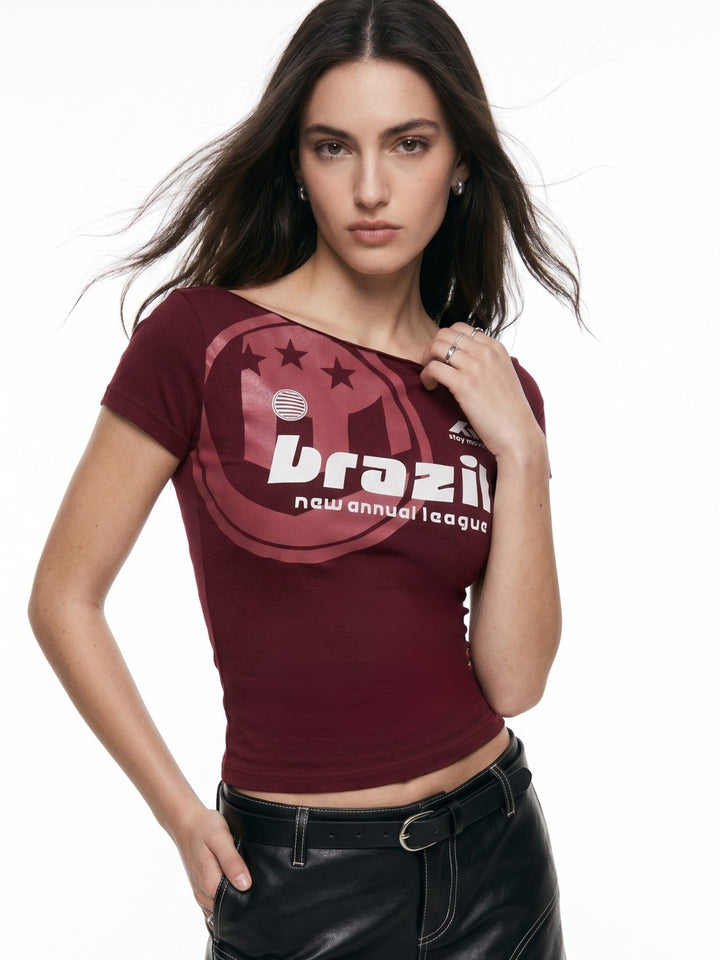 Maroon Off-Shoulder Raw Edge Printed T-Shirt