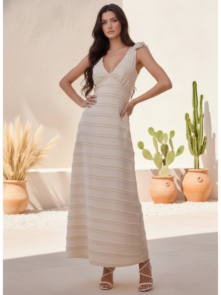 Beige Shoulder Tie-Up Textured Dress