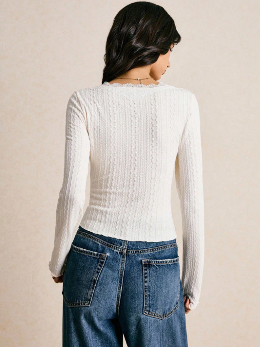 White V Neck Fitted Top With Lace Inserts