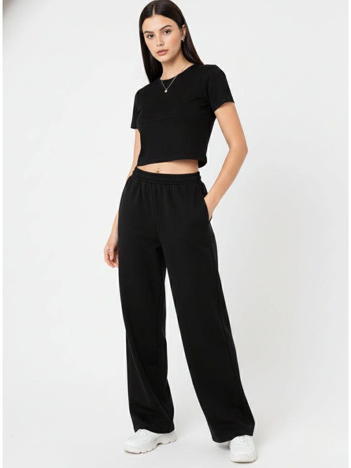 Black Crew Neck Crop Top And Pant Set