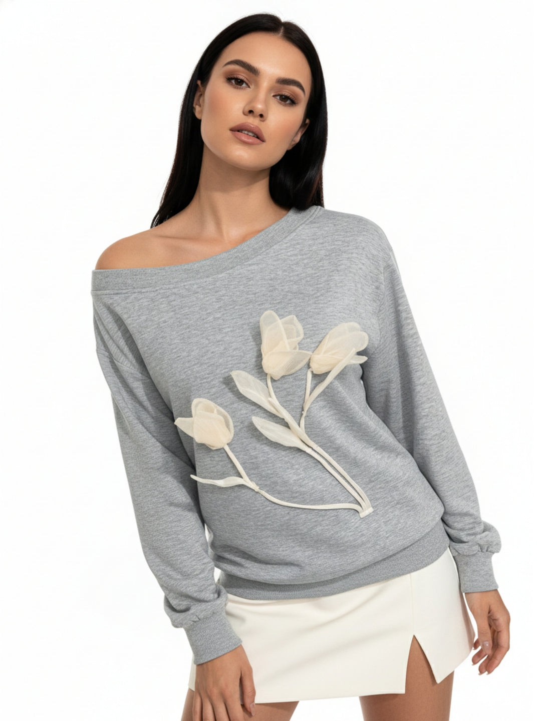 Grey One Shoulder Applique Sweatshirt