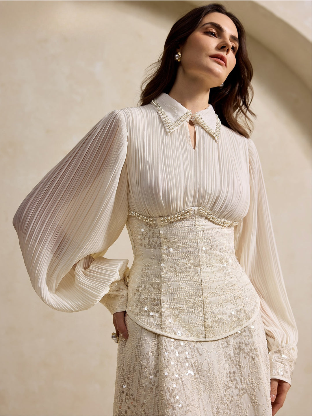 Off White Balloon Sleeve Corset Fitted Top