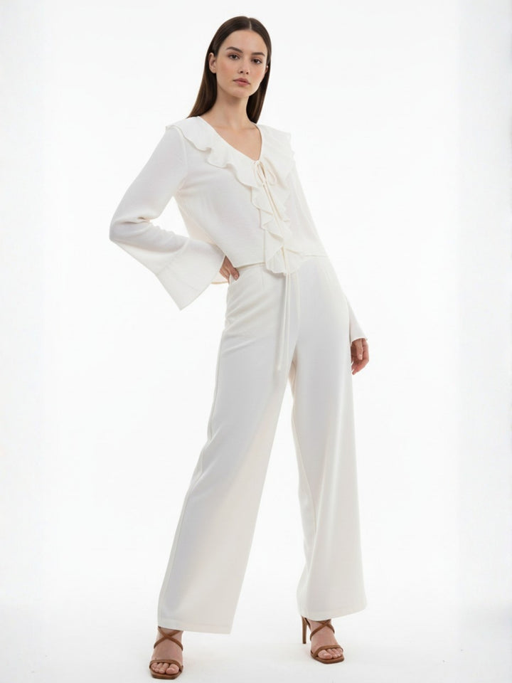 Off White Bell Sleeve Ruffle Detail Top And Pant Set