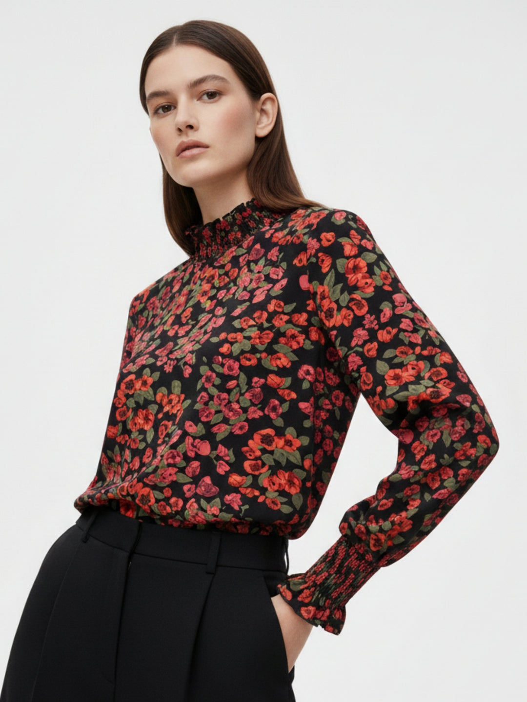 Multi Bishop Sleeve Mock Neck Printed Top