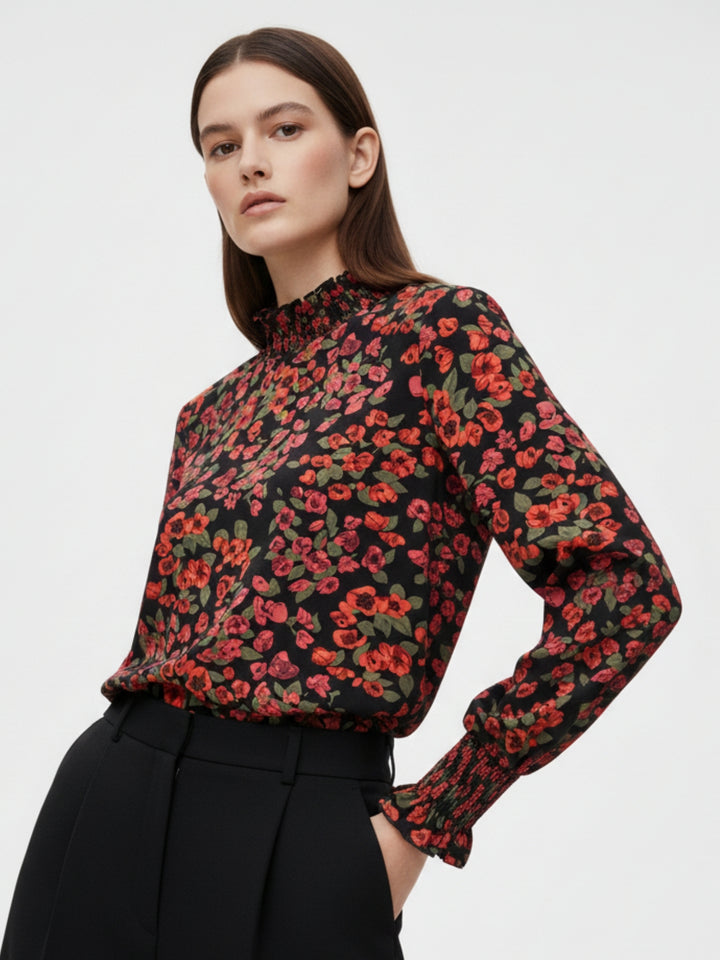 Multi Bishop Sleeve Mock Neck Printed Top