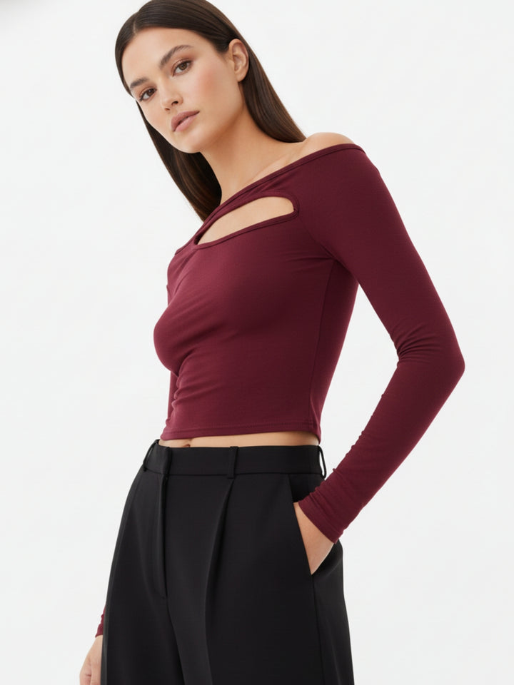 Maroon Neck Cut-Out Detail Top