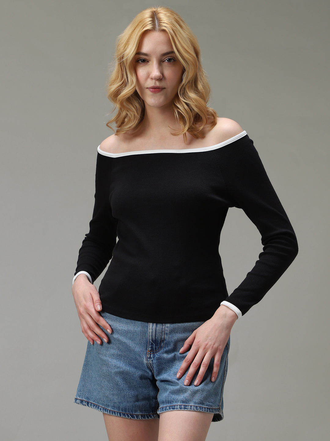 Black Contrast Tipping Ribbed Knit Top