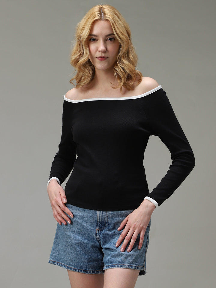 Black Contrast Tipping Ribbed Knit Top