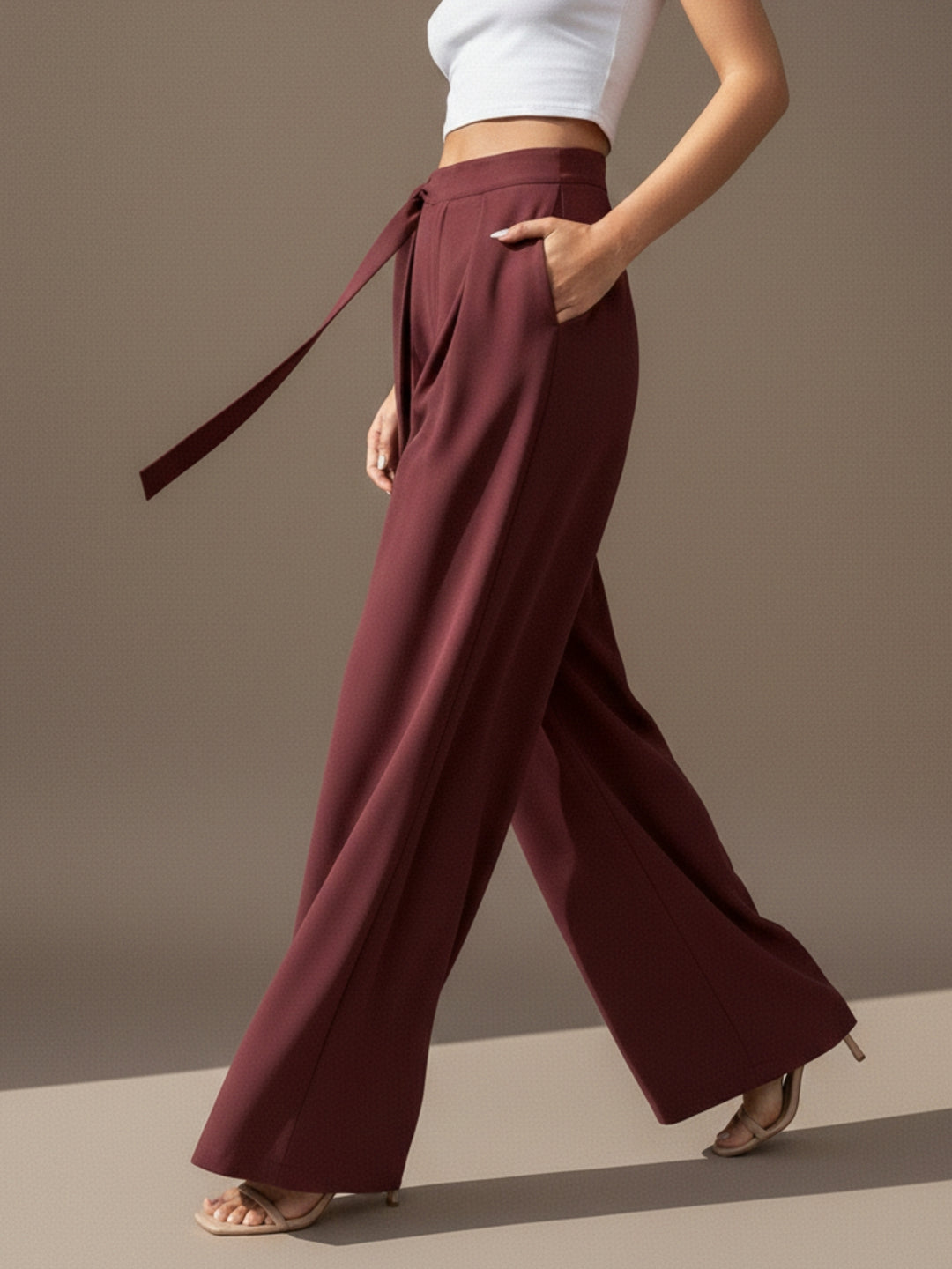 Maroon High Waist Front Pleated Pant