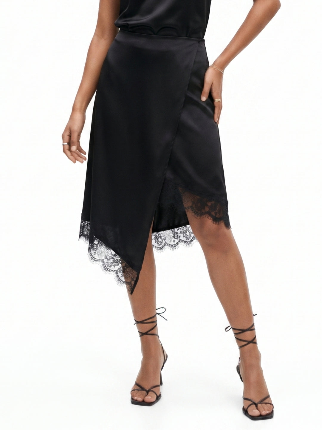 Black Asymmetric Skirt With Lace Hem