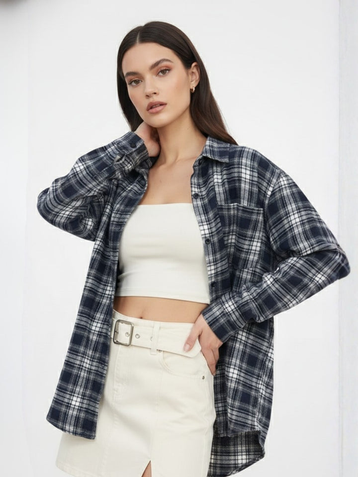 Navy Blue Checkered Front Buttoned Shirt