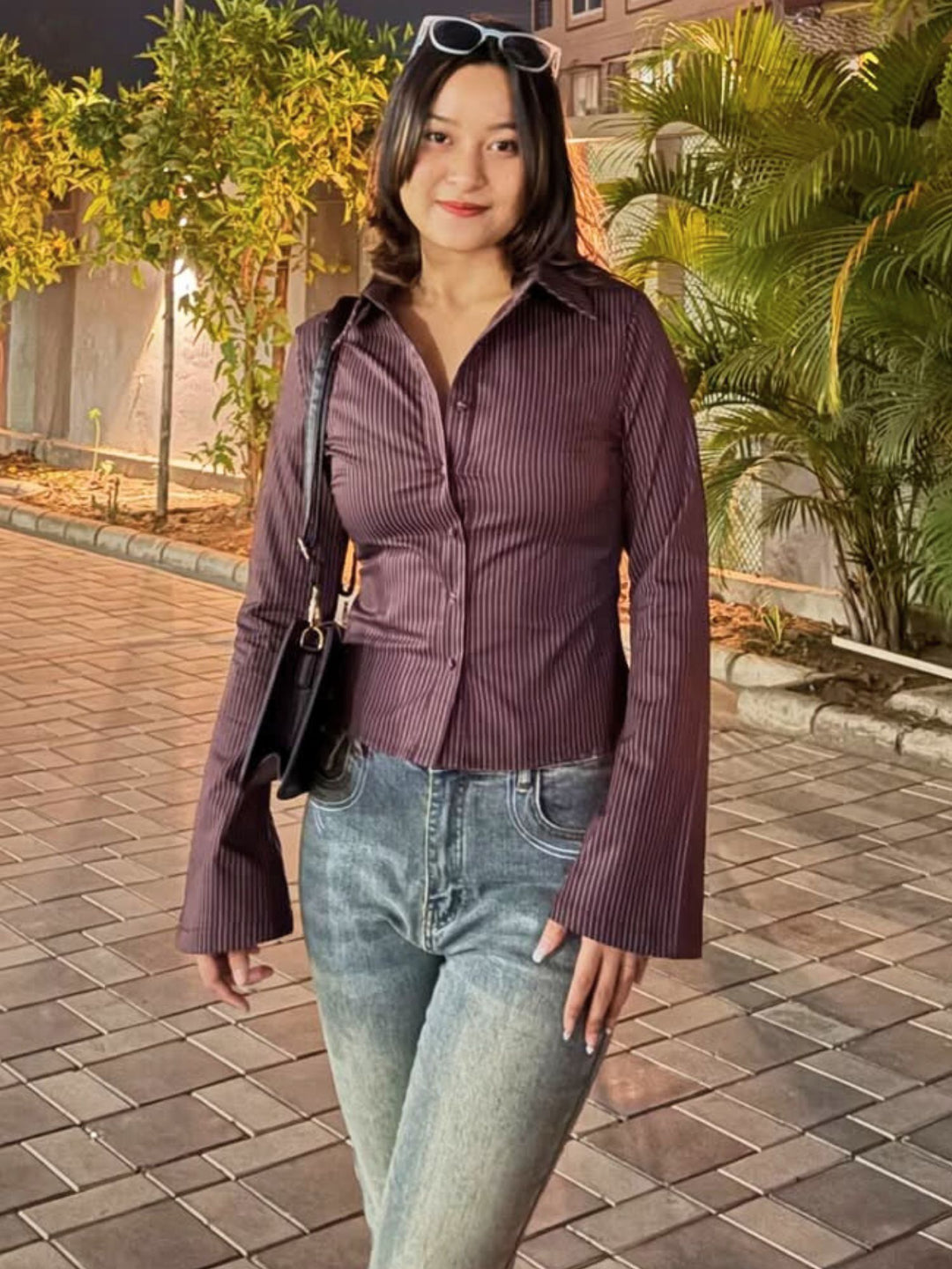 Buttoned Striped Bell Sleeve Shirt