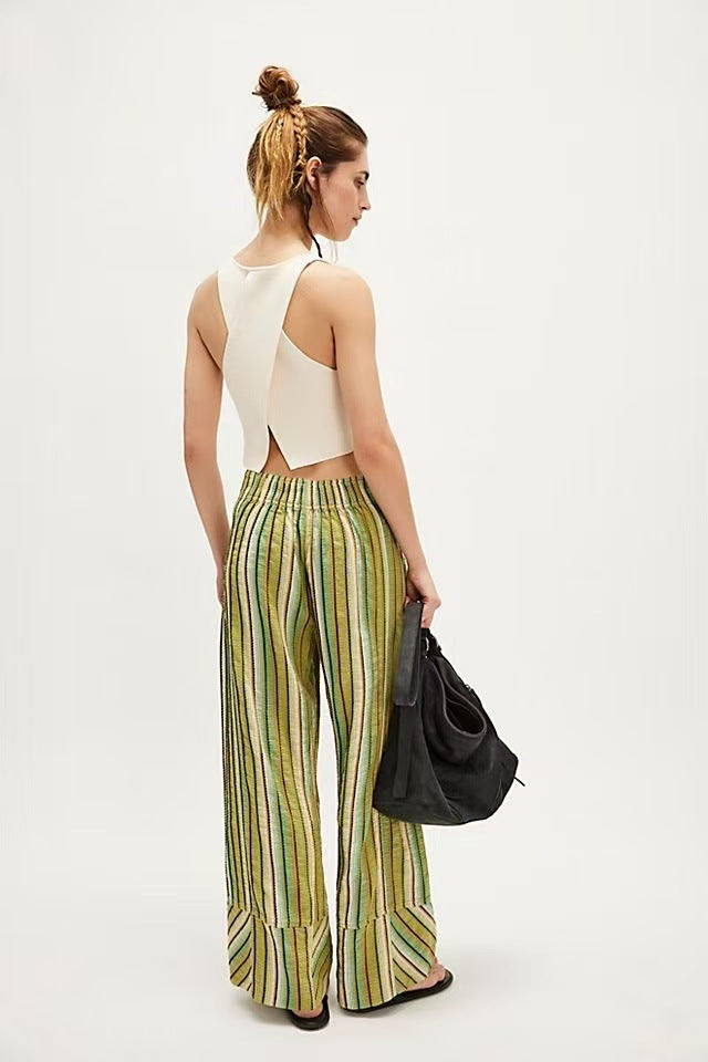 Green High Waist Striped Pants