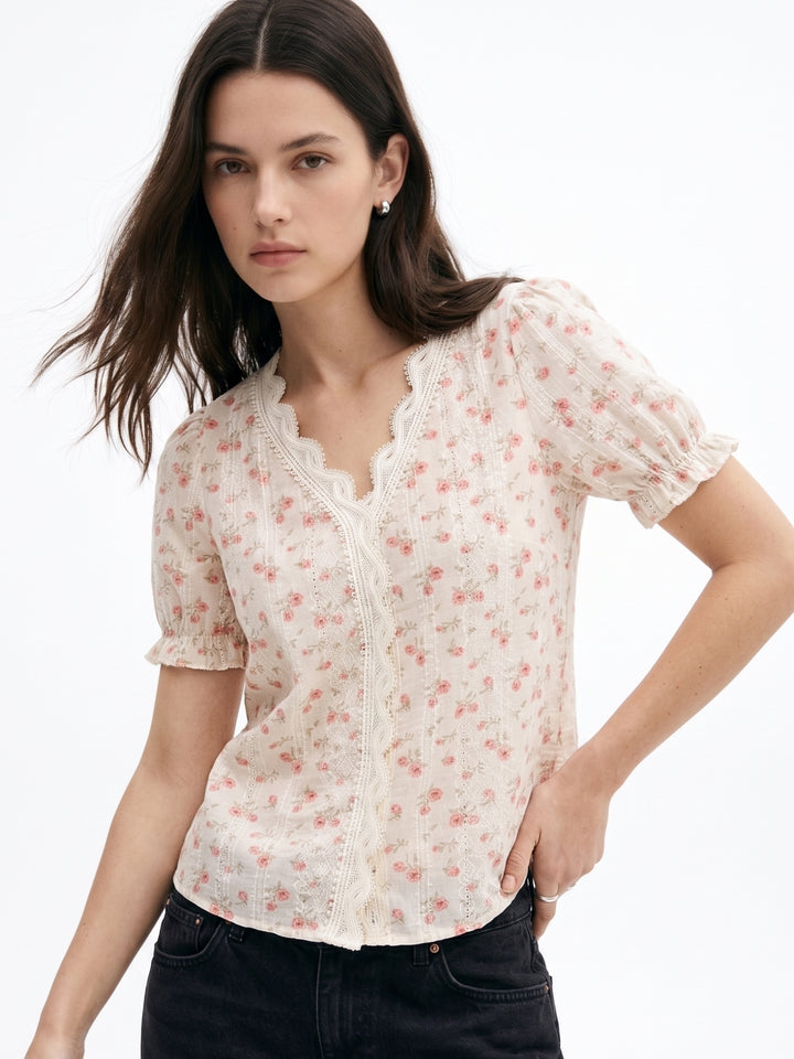 Off White Printed Puff Sleeved Top With Lace Inserts On The Neck