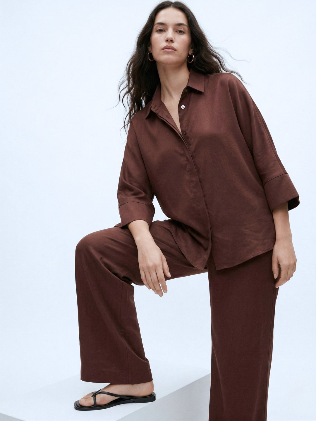 Brown Relaxed Sleeve Front Buttoned Shirt & Pant Set