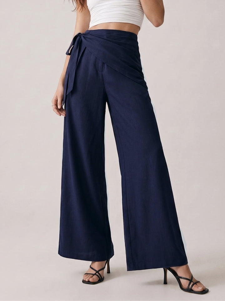 Navy Blue High Waist Wide Leg Wrap Trousers