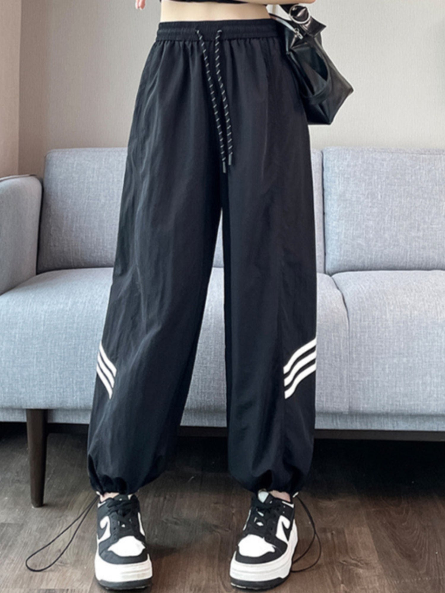 Black Solid Stripped Cargo Jogger