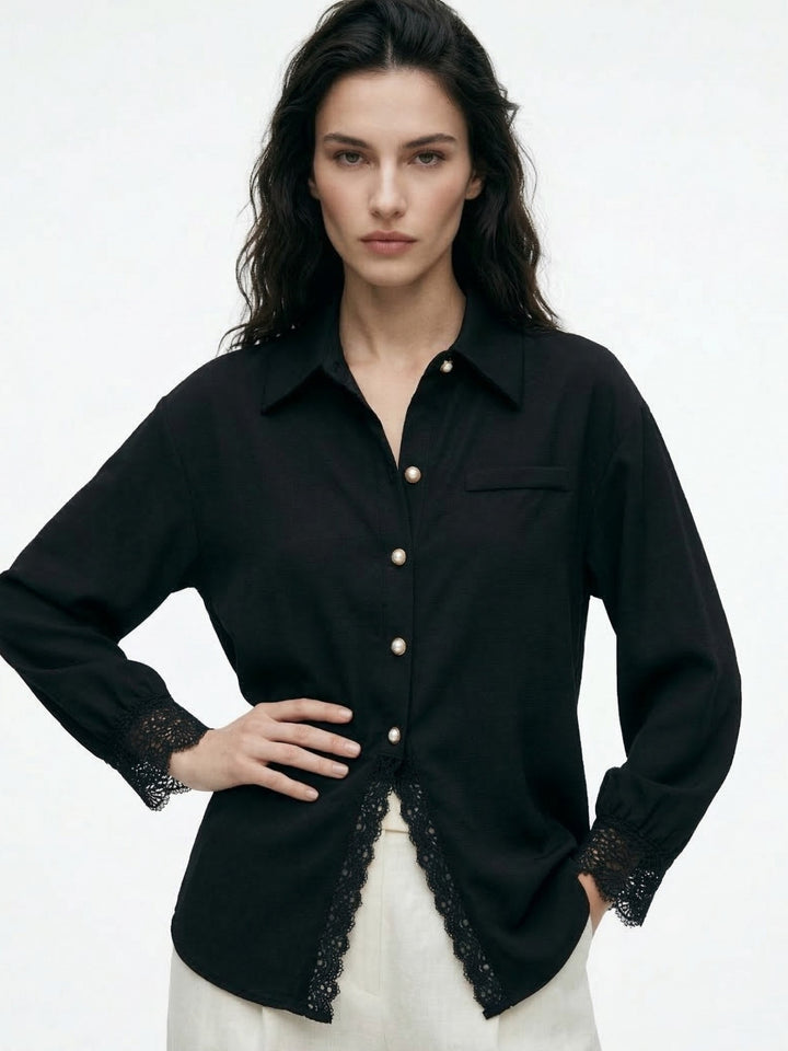 Black Lace Hem Deail Front Buttoned Shirt