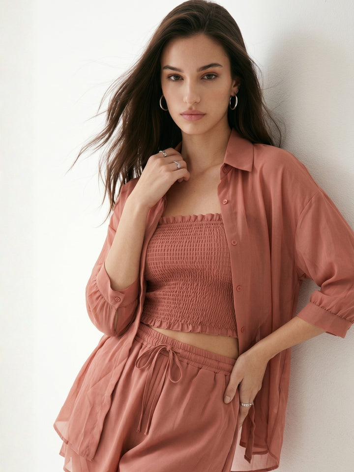 Red Sheer Shirt And Shorts Co-Ord Set