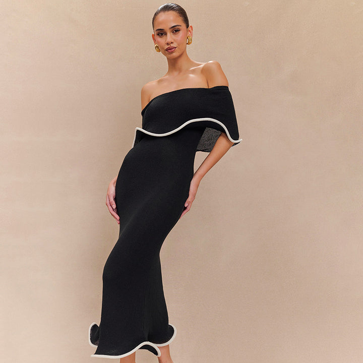Black Off Shoulder Scallop Contrast Hem Dress