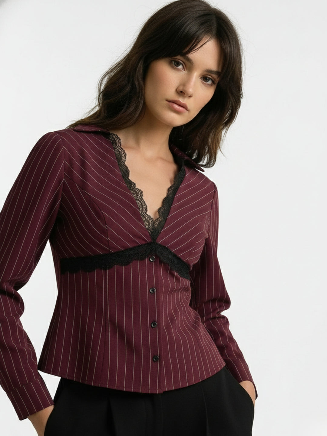 Burgundy V Neck Striped Shirt With Lace Empire Seam