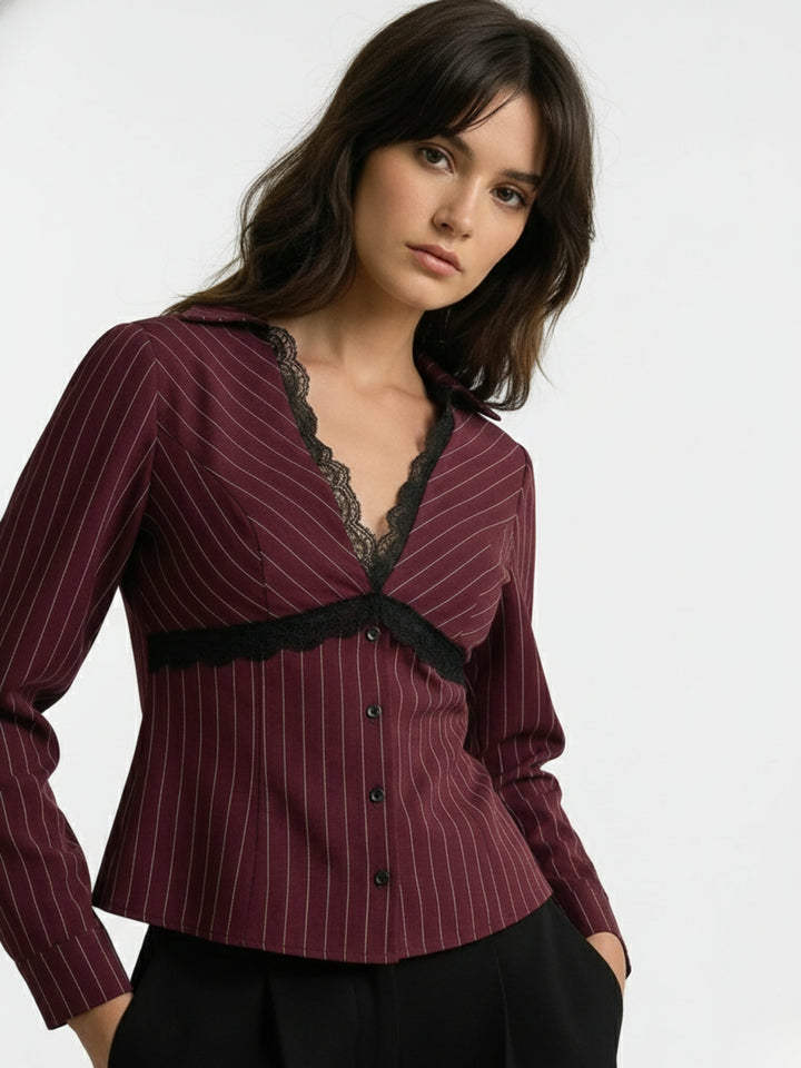 Burgundy V Neck Striped Shirt With Lace Empire Seam