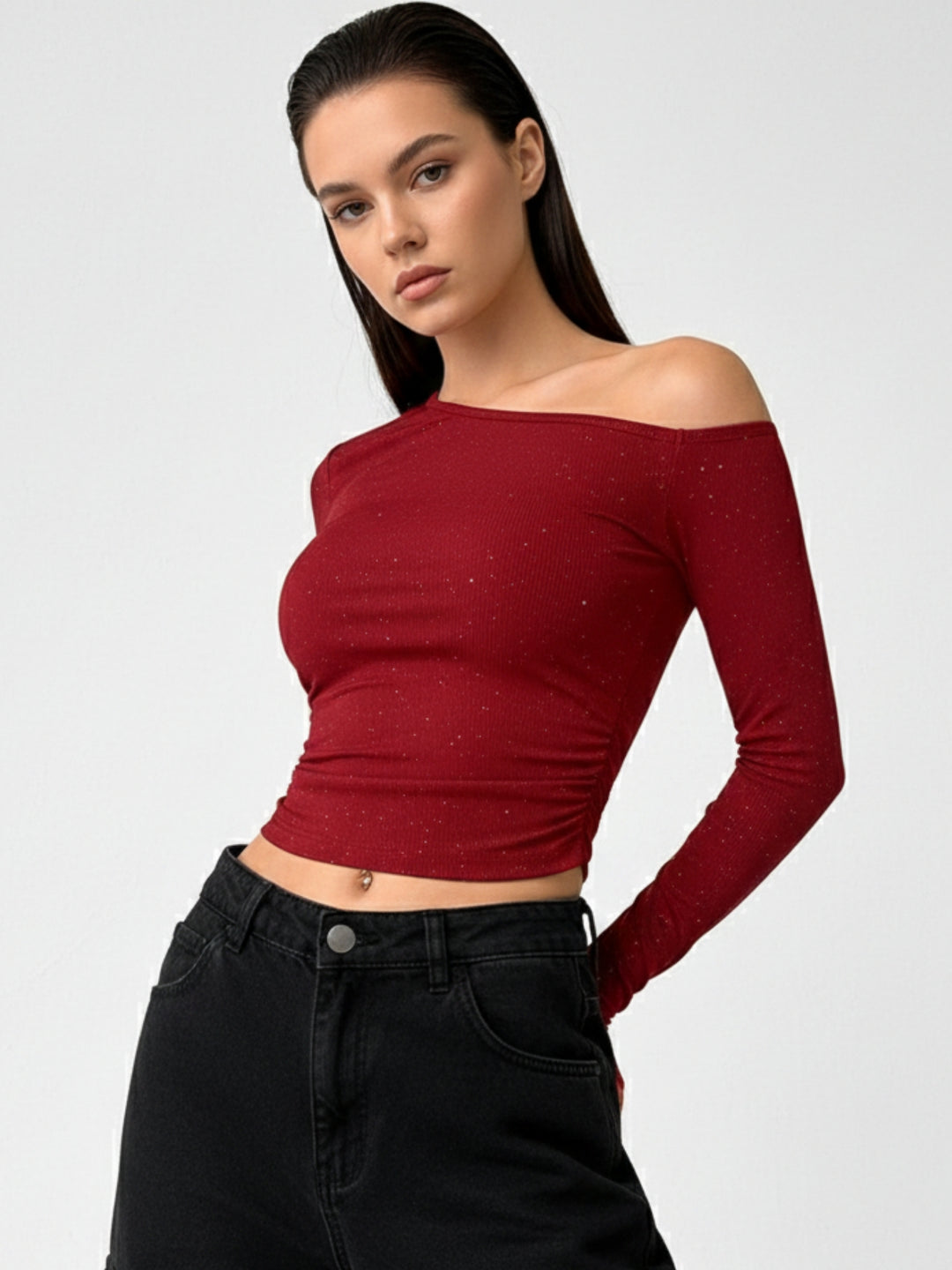 Red One Shoulder Fitted Shimmer Top