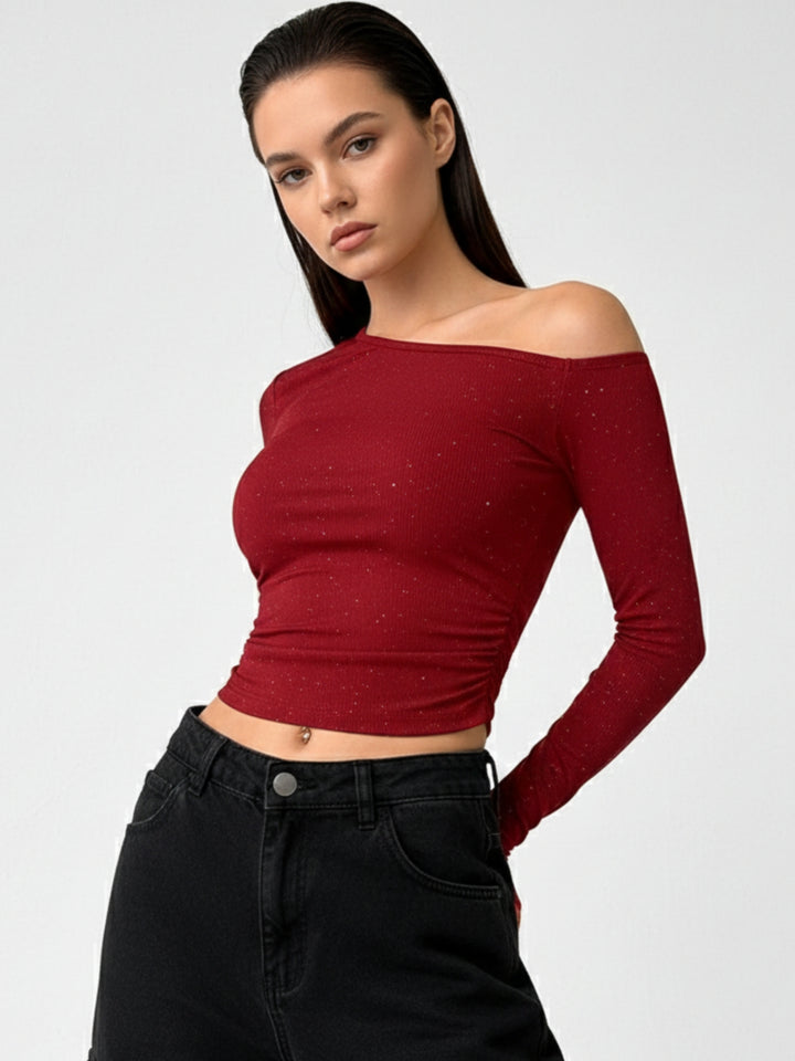 Red One Shoulder Fitted Shimmer Top