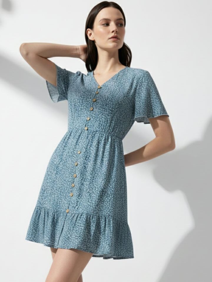Blue Bell Sleeve V Neck Tiered Dress