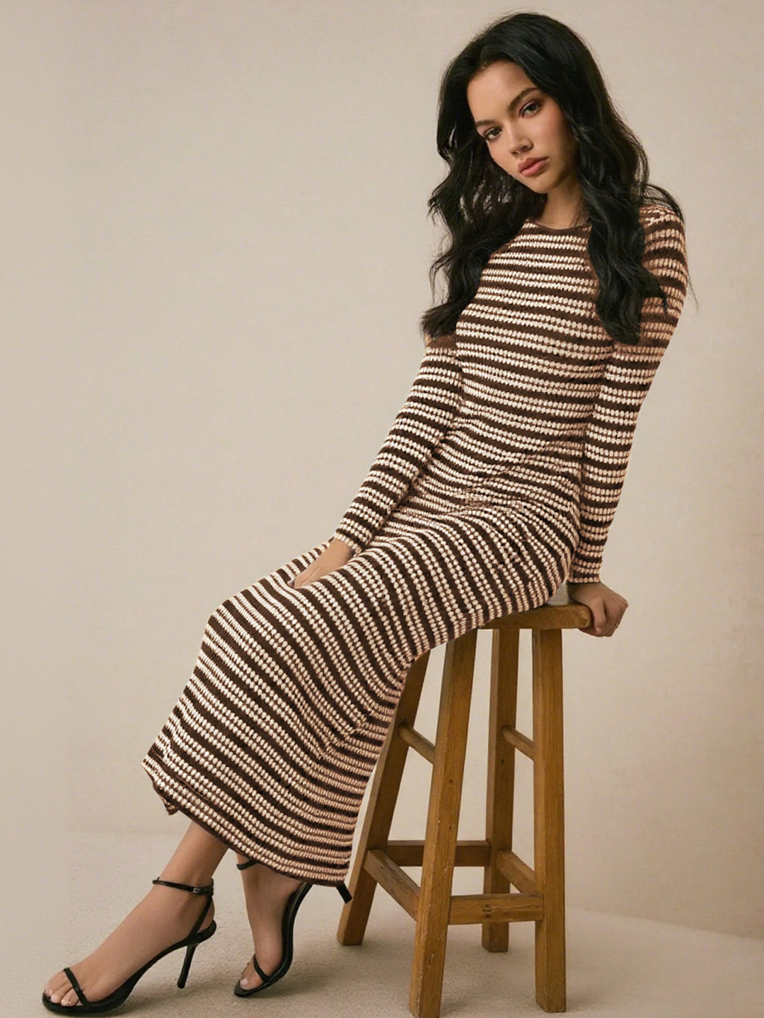 Brown Full Sleeve Striped Dress