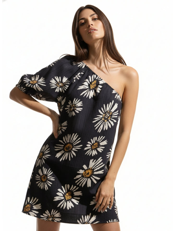 Black One Shoulder Foral Mini Dress