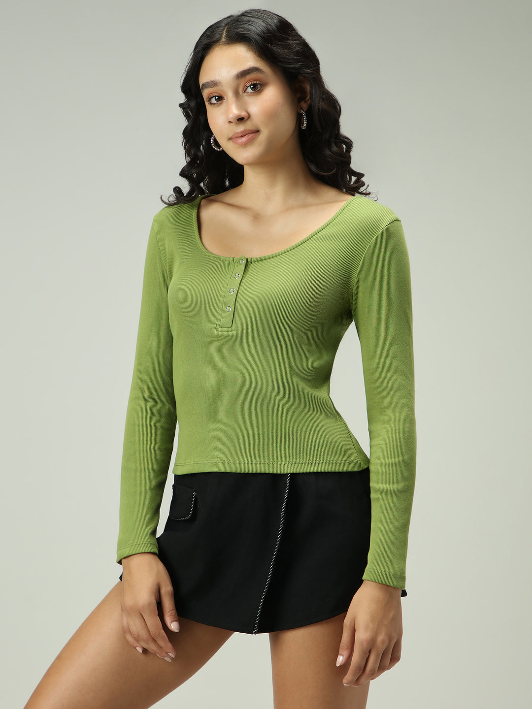 Olive Button Down Ribbed Knit Top