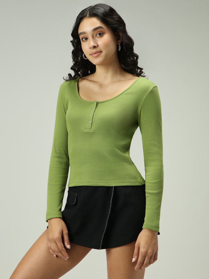 Olive Button Down Ribbed Knit Top