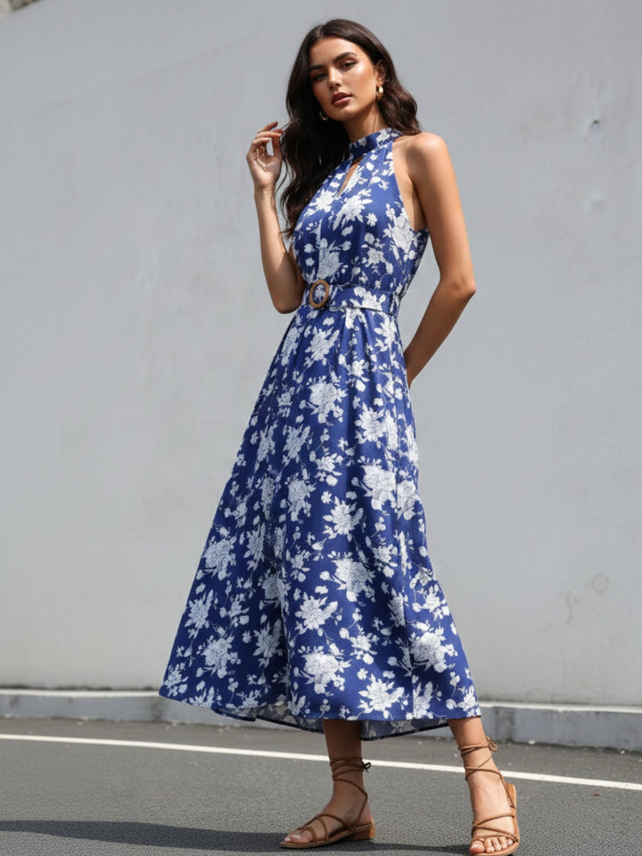 Blue Collared Neck Printed Dress