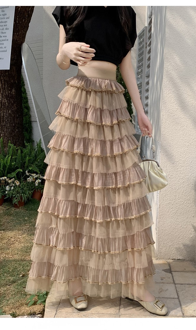 Beige Multi Ruffled Tiered Maxi Skirt