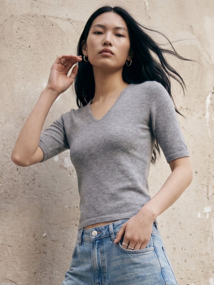 Grey V Notch Neck Fitted Top