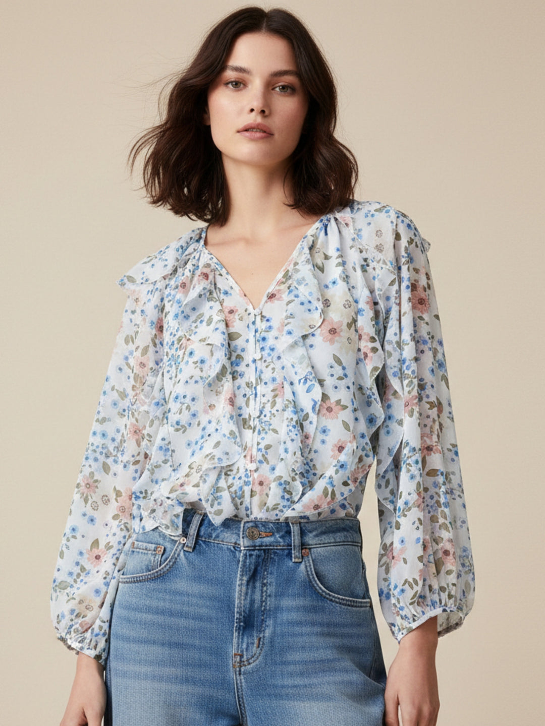 Blue Frill Printed Blouses