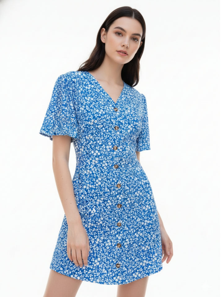 Blue Short Sleeve V Neck Printed Dress