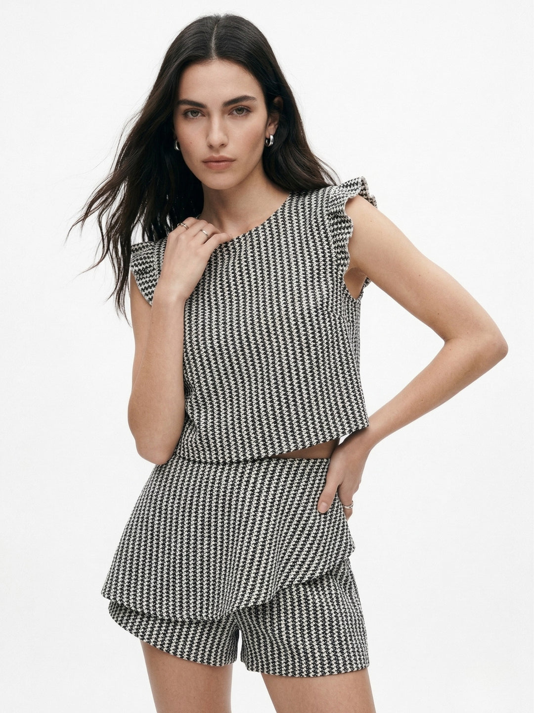 Grey Ruffle Sleeve Top And Shorts Set