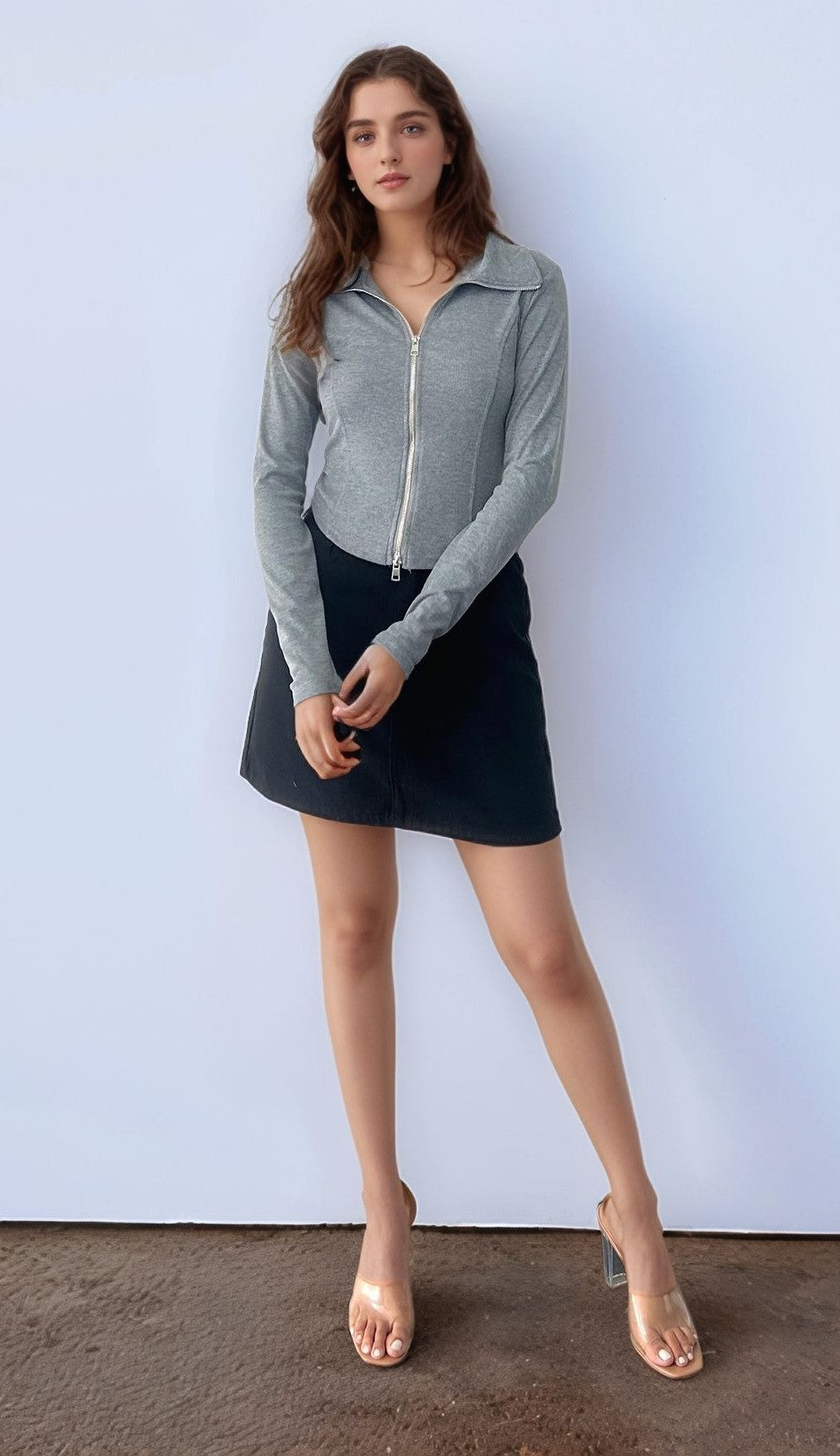 Grey Zipper Closure Full Sleeved Top