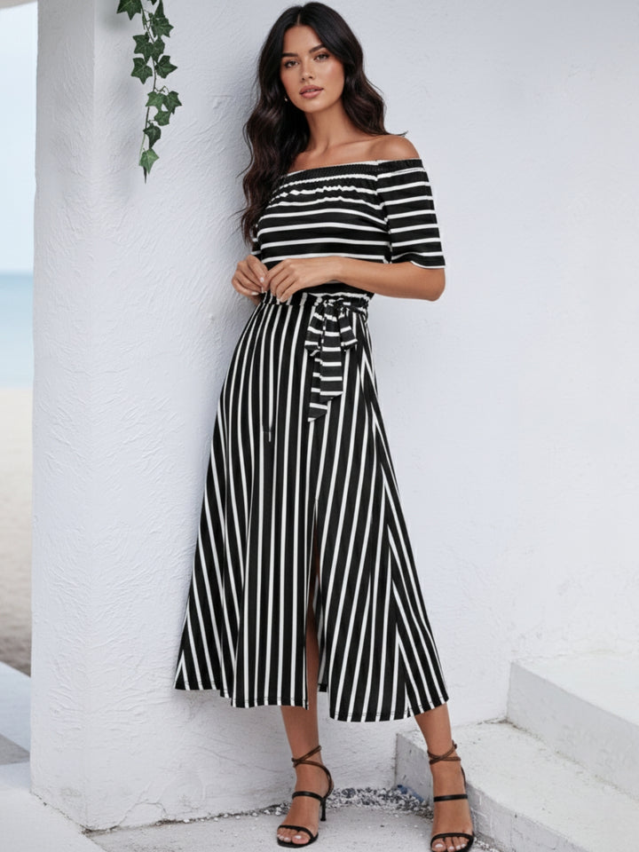 Black Off Shoulder Striped Slit Dress