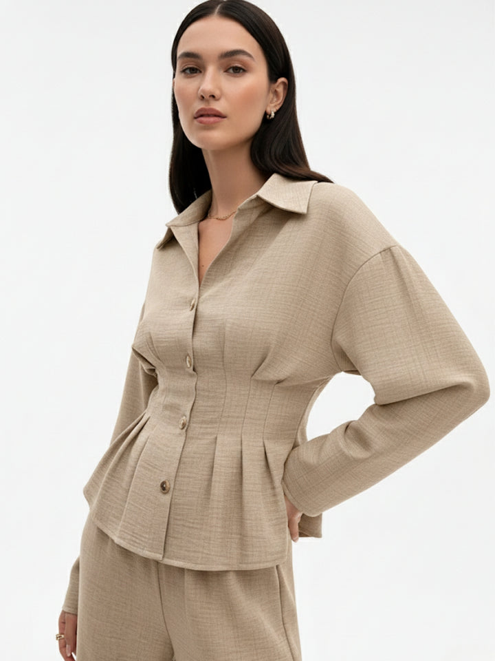 Beige Full Sleeve Fitted Shirt And Pant Set