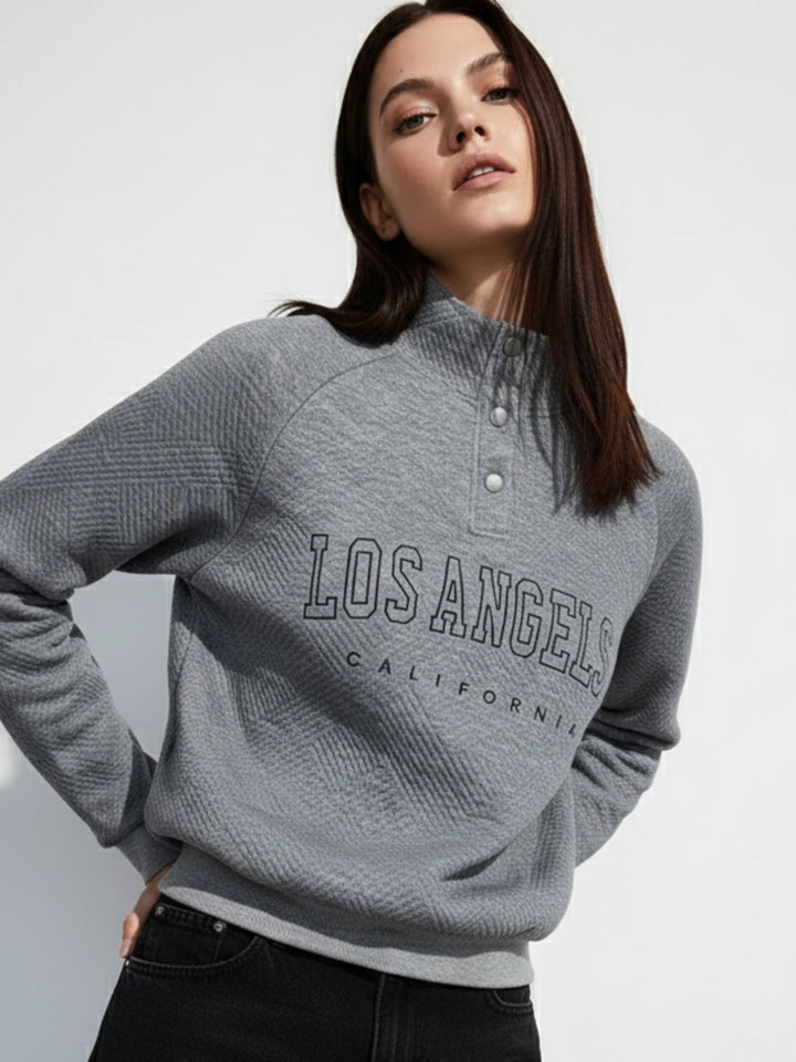 Grey Typography Half Buttoned Sweatshirt