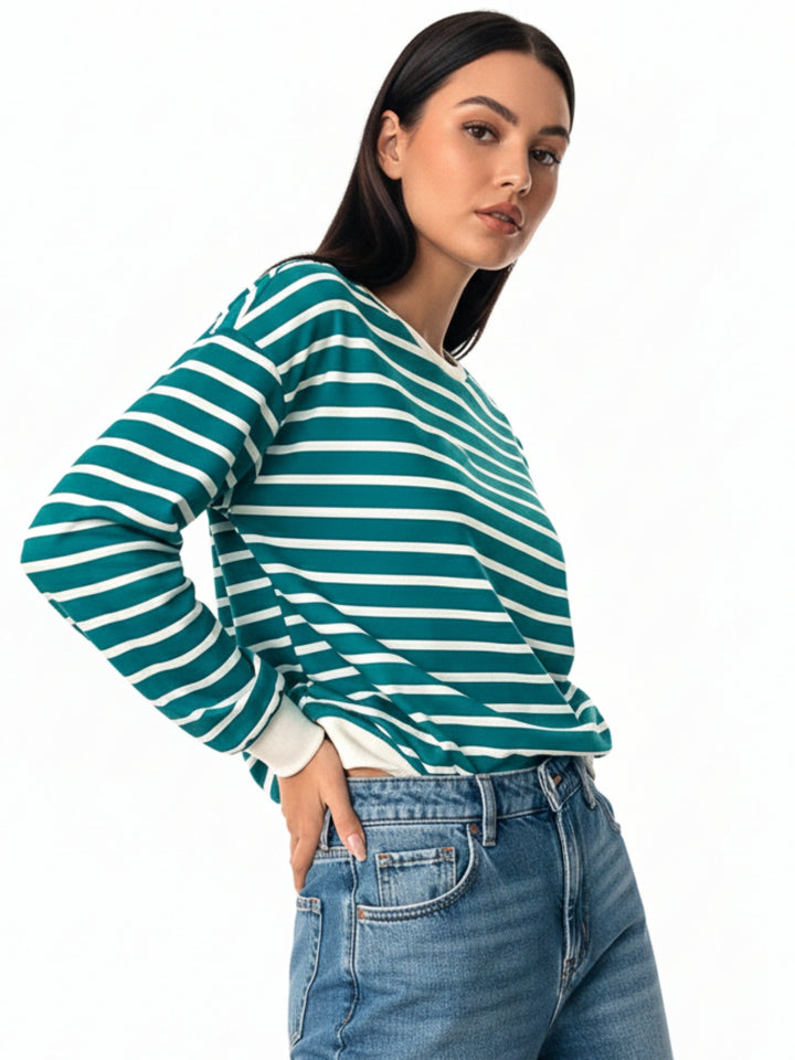 Teal Striped Crew Neck Sweatshirt