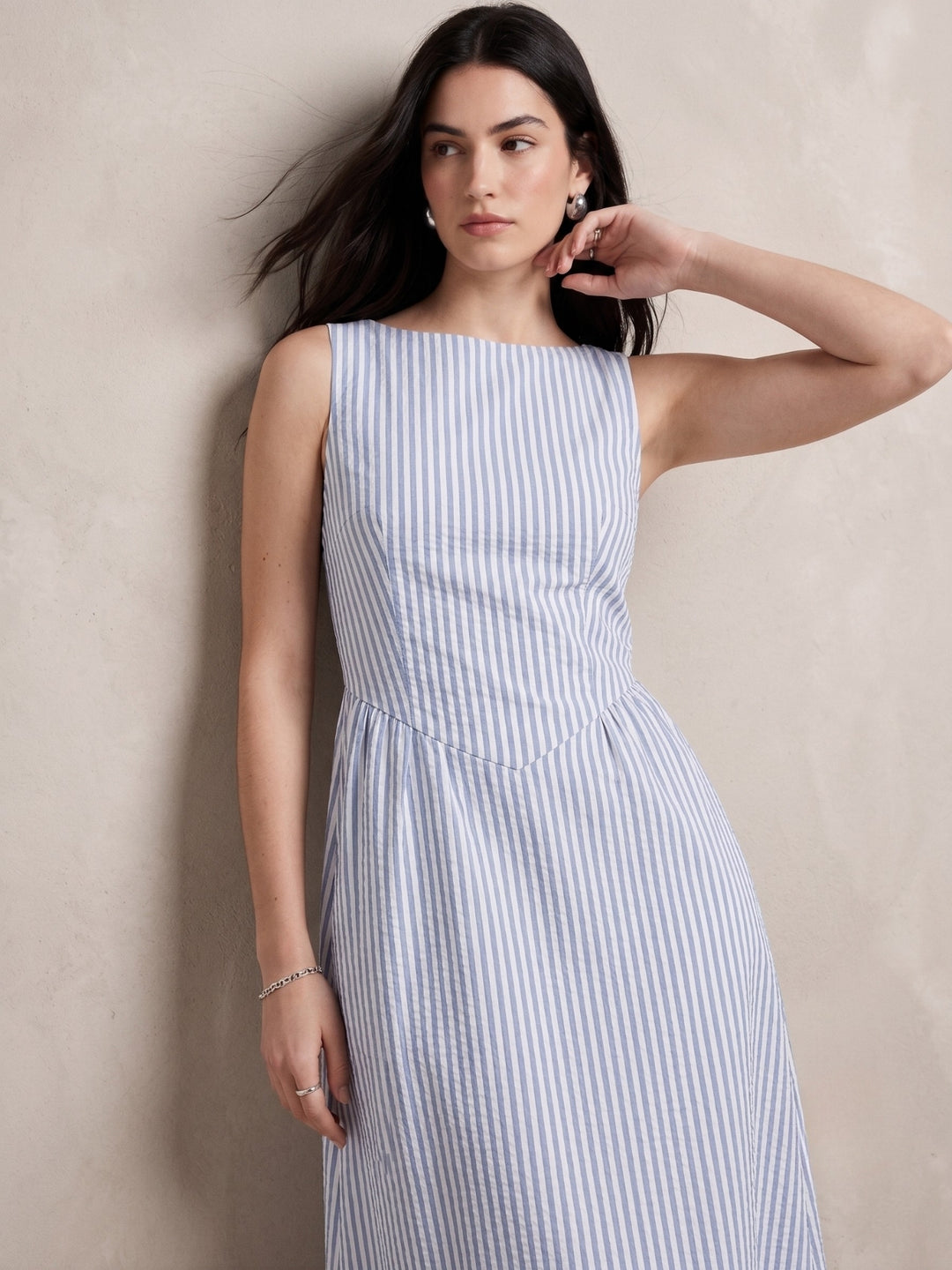 Blue Boat Neck Striped Dress With Dro Pdown Waistline