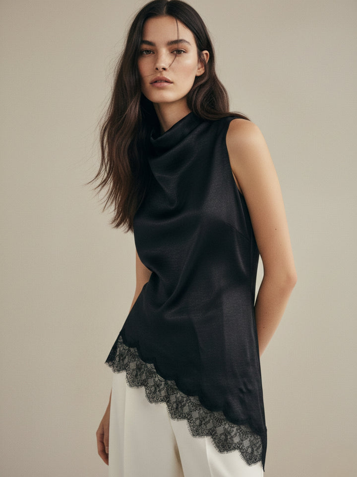 Black Mock Neck Lace Hem Top