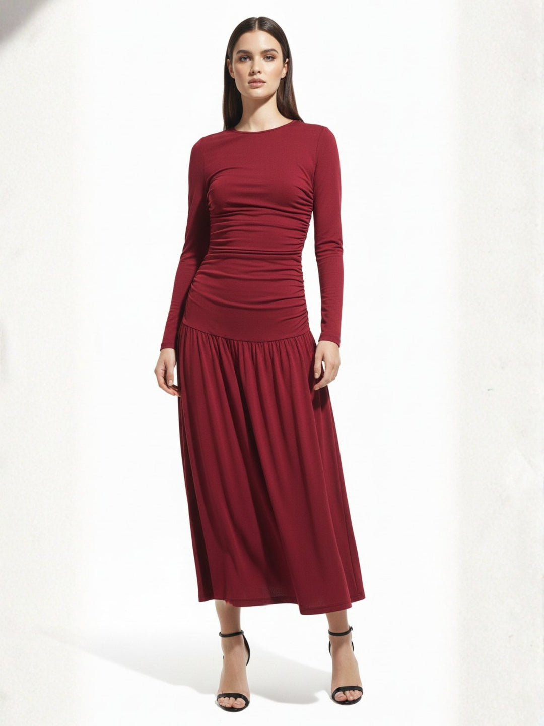 Red Fitted Waist Solid Flared Hem Dress
