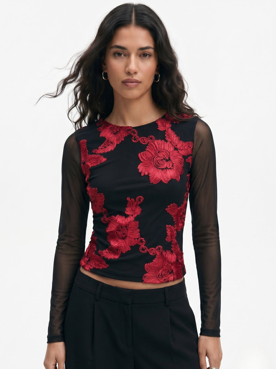 Black Full Sleeve Floral Textured Top