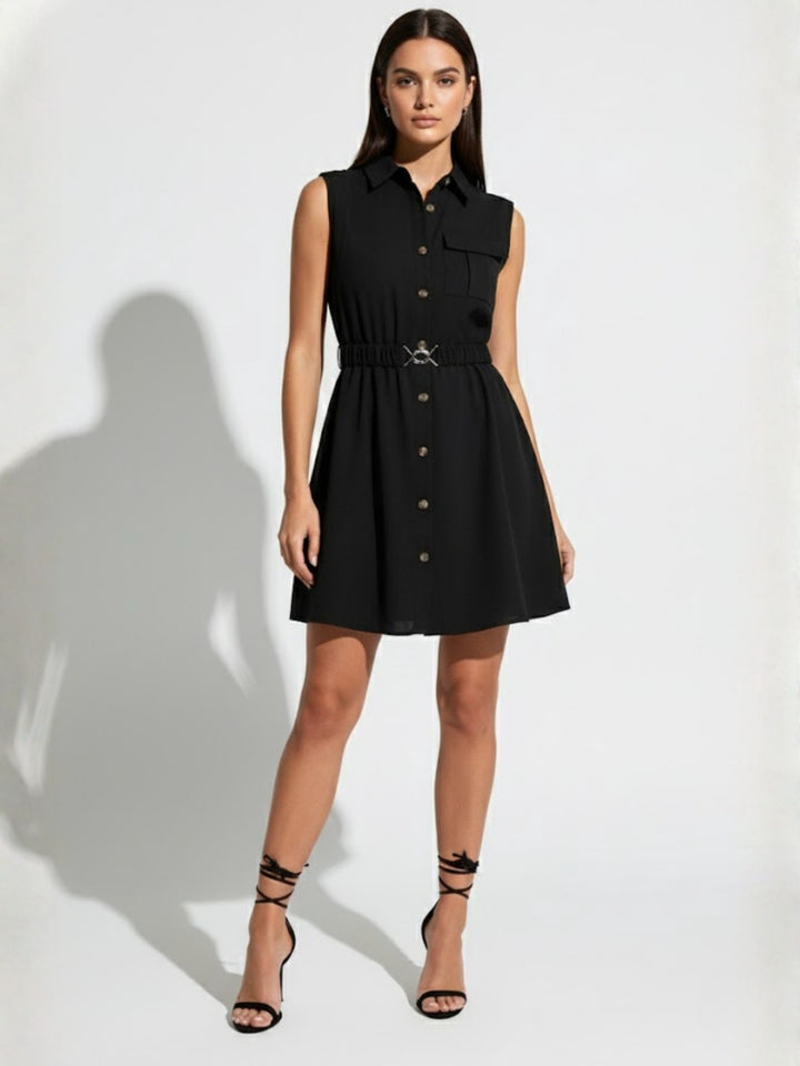 Black Waist Tie-Up Collared Dress